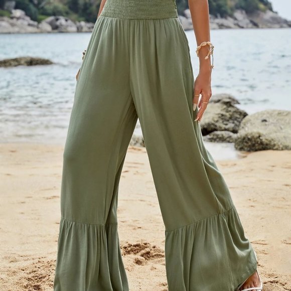 Green Boho Womens Wide Leg Ruffle Hem Pants - Picture 5 of 5